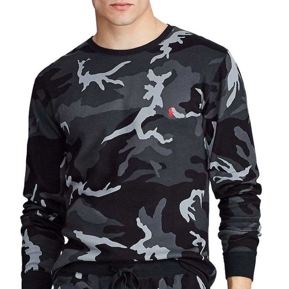 NWT RALPH LAUREN POLO Men's Gray Black Camouflage Crewneck Thermal Sleepwear